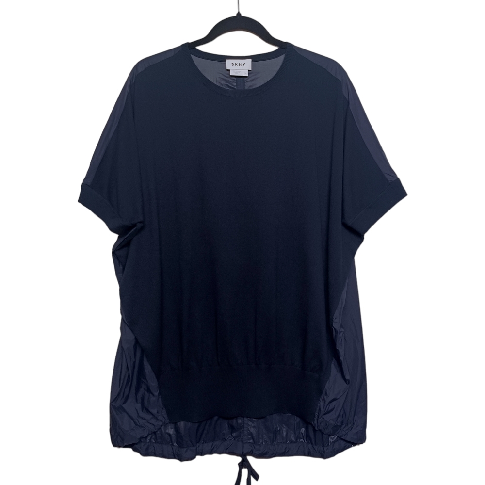 DKNY Knit Short Sleeve Navy Blue Nylon Back Stretchy Top Medium